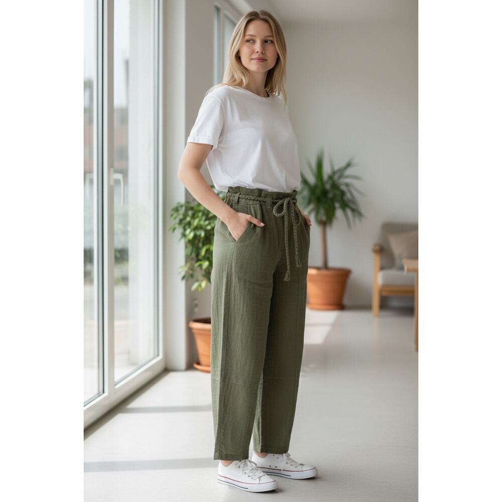 Joie Marin Paperbag Waist Cotton Pants Olive Green Crop NWT Size 0